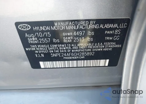 2016 Hyundai Sonata Se z USA, uszkodzony, nr VIN 5NPE24AF6GH285892